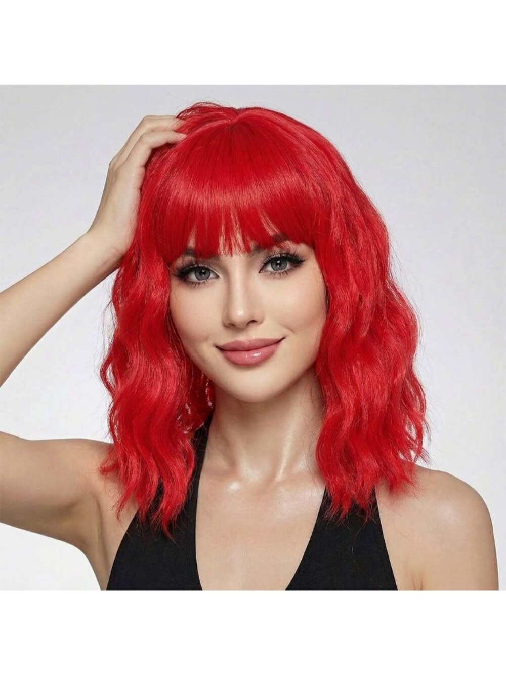 Women's Dark Red 14 Inch Short Shoulder Length Synthetic Bangs Wavy Bob Wig